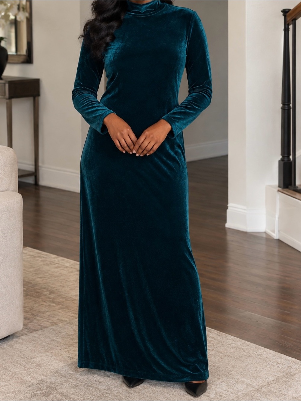 VTG Maggy London Teal emerald green velvet mock neck long sleeve maxi dress